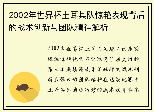 2002年世界杯土耳其队惊艳表现背后的战术创新与团队精神解析